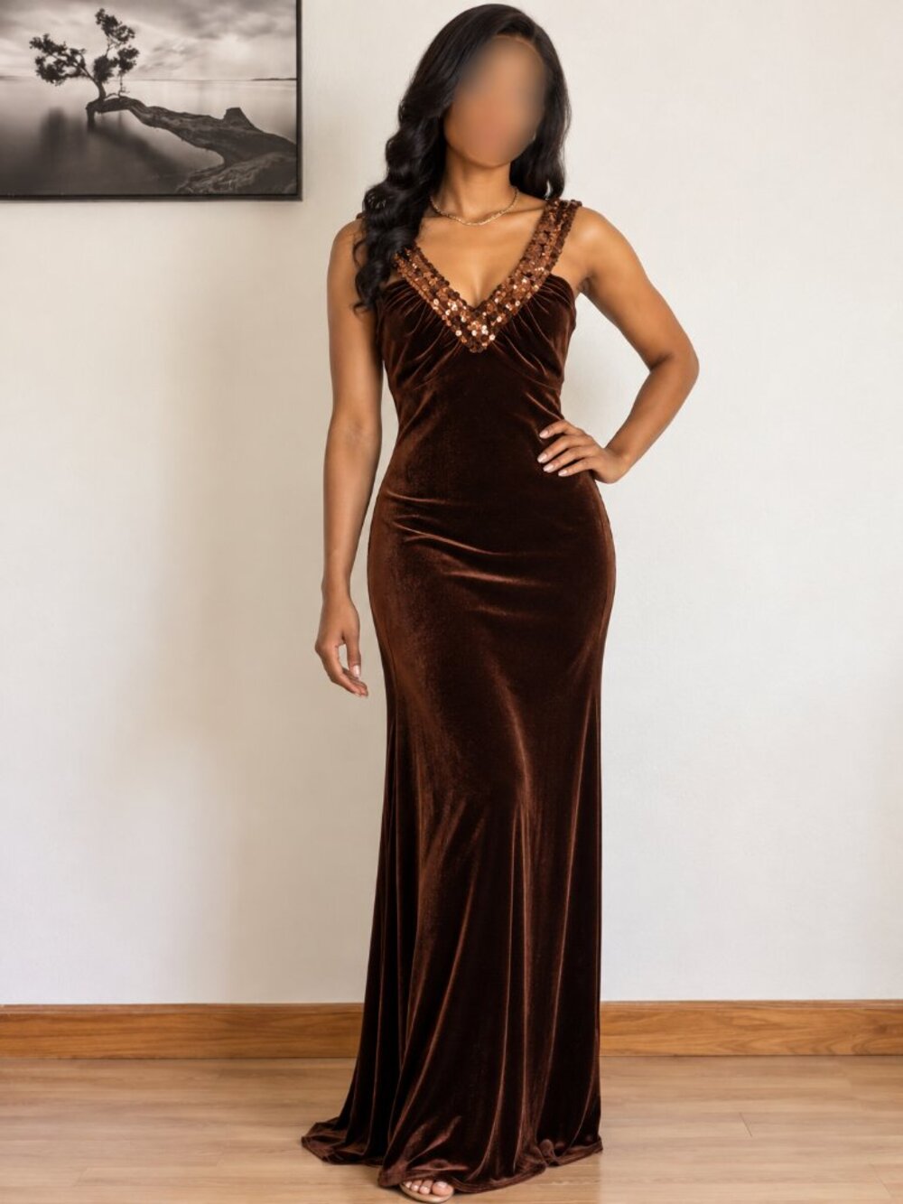 ​Vintage 90s Brown Velvet Sequin Gown by Cam Cam Niki Livas Size 5